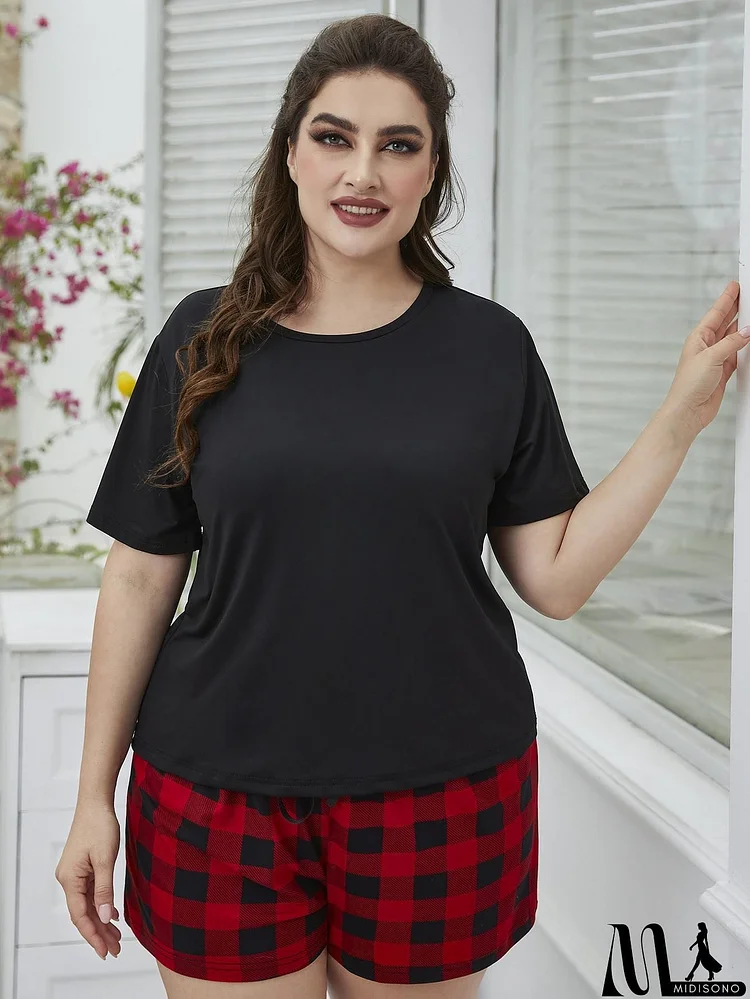 Plus Size Round Neck Tee Shirt and Plaid Shorts Lounge Set