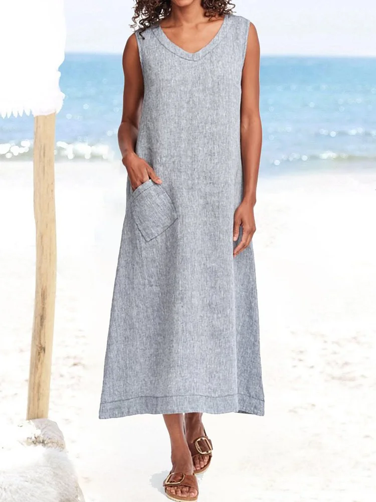 Women's Solid Color V-Neck Slip Pocket Beach Resort Cotton Linen Dress
