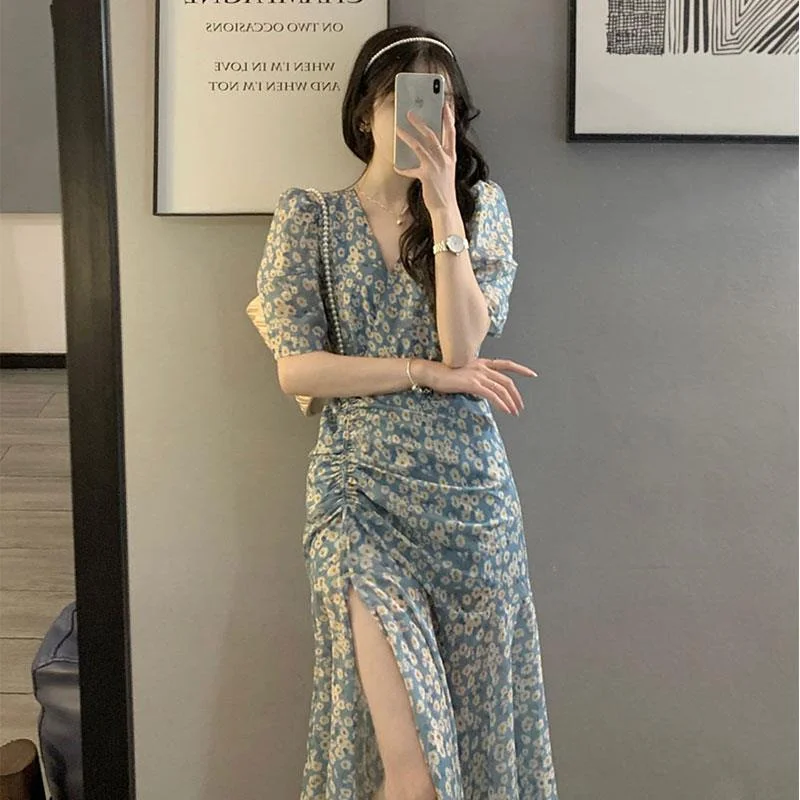 Dress Women V-neck All-match Harajuku Floral French Vintage College Side-slit Summer Fashion High-quality A-line Pregnant Soft