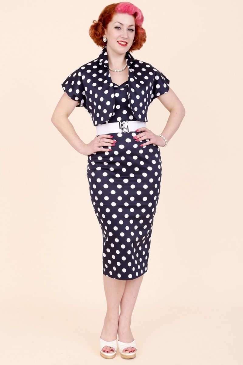 1950s Navy Blue Party Cami Polka Dot Sweetheart Neck Pencil Midi Dress (With Belt) [Pre-Order]