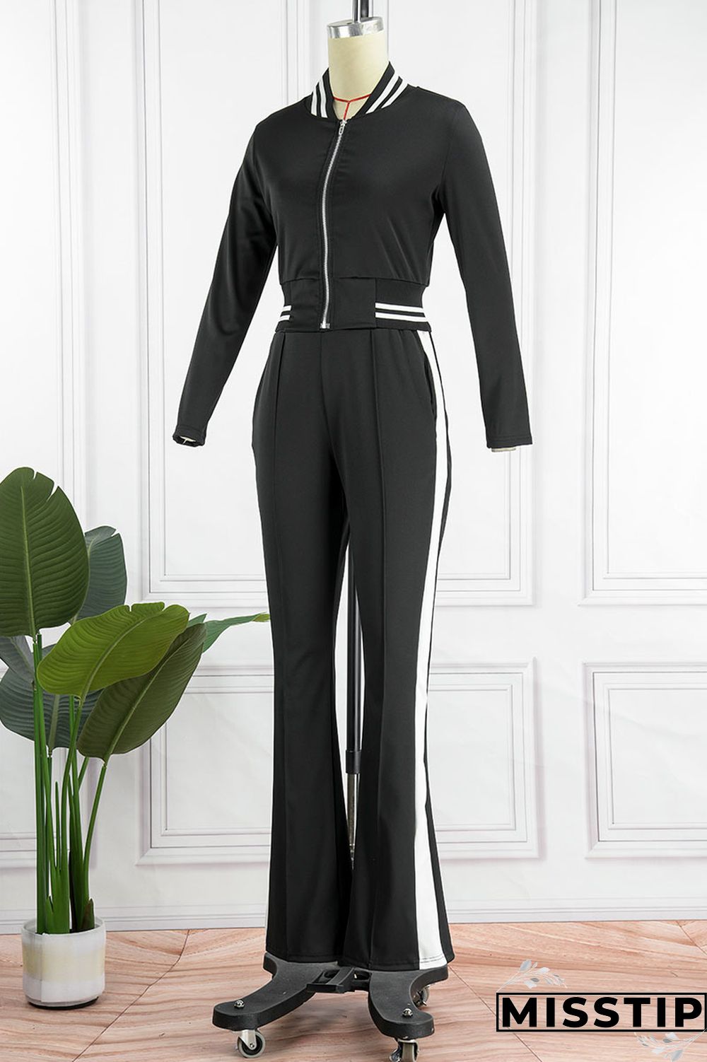 Black Casual Solid Patchwork Zipper Long Sleeve Two Pieces