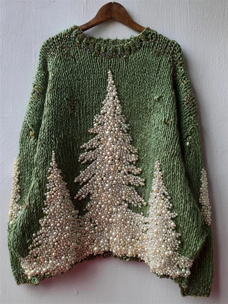 Vintage Christmas Trees Pearls Beaded Cozy Knit Sweater
