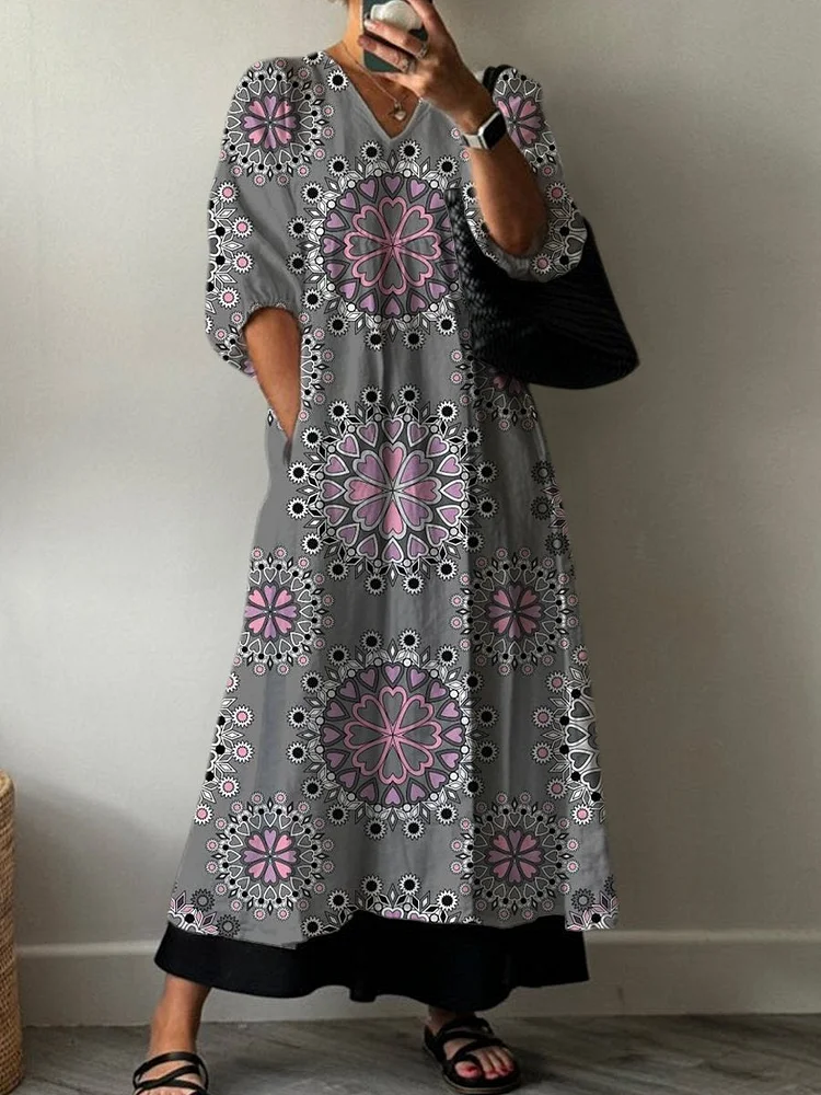 Women's Symmetrical Ethnic Pattern Vintage Print Pocket V-neck Cotton Dress