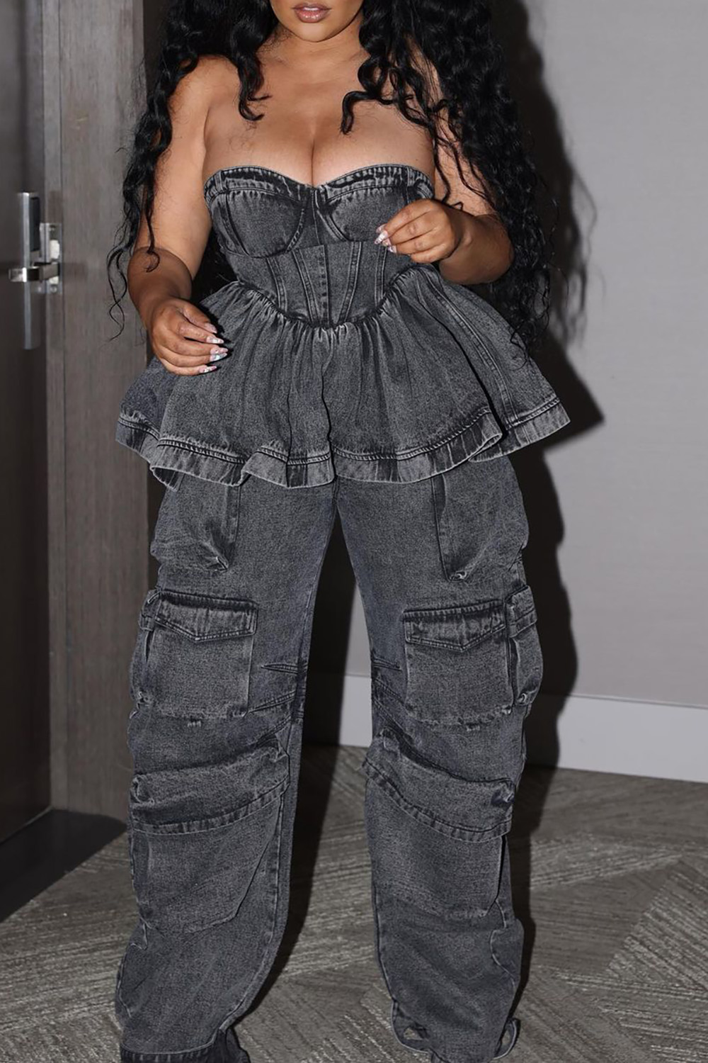 Plus Size Black Daily Strapless Ruffle Denim Cargo Two Piece Pant Set