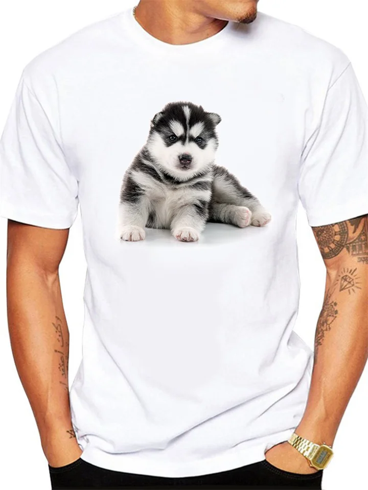 White Short-sleeved Men's Top with Kitten and Husky Pattern-Cosfine