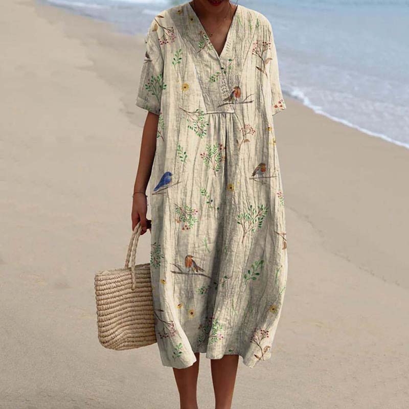 Comstylish Women'S Boughs And Robin Birds Pattern Printed Cotton Linen Dress