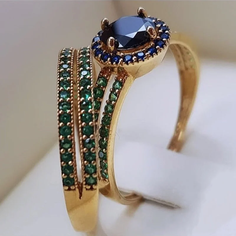2pcs/set Gorgeous Gold Color Set Black Zircon Rings Fashion Jewelry Wax Set Green Zircon Ladies Bridal Wedding Set Ring