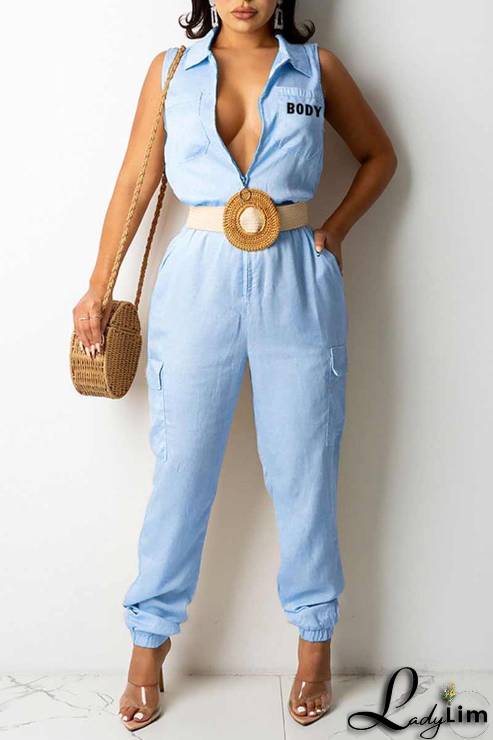 Blue Casual Print Patchwork Zipper Turndown Collar Straight Jumpsuits(Without Belt)
