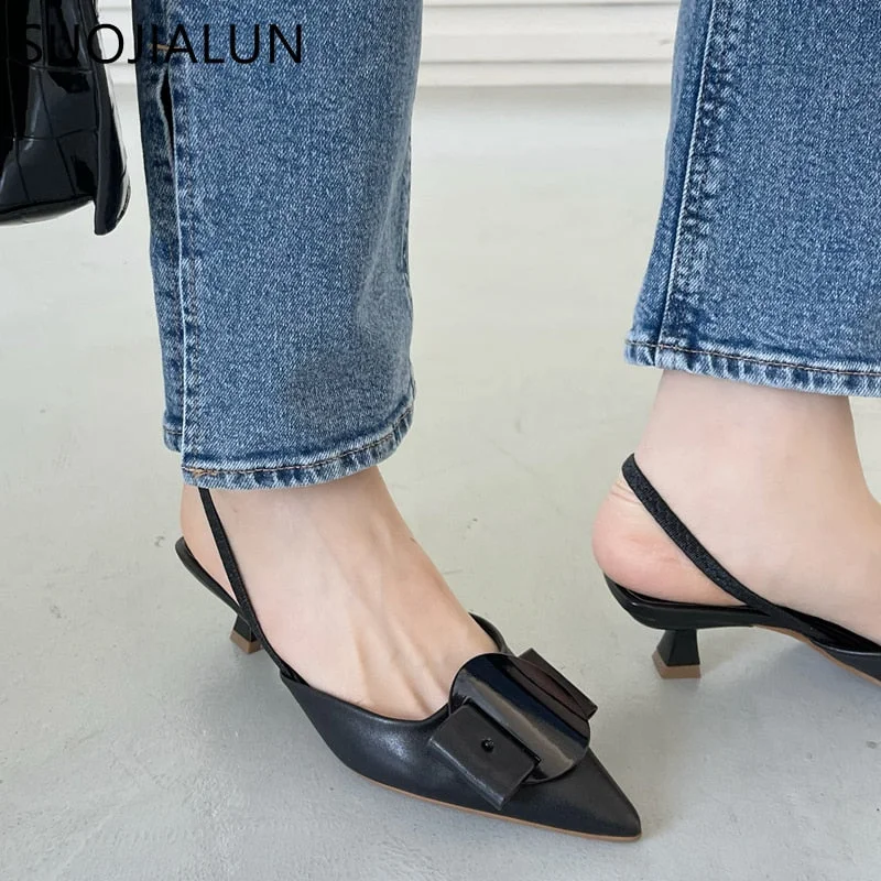 SUOJIALUN 2022 Spring Women Slingback Sandals Fashion Bow-knot Buckle Ladies Pumps Shoes Thin Low Heel Pointed Toe Slip On Mules