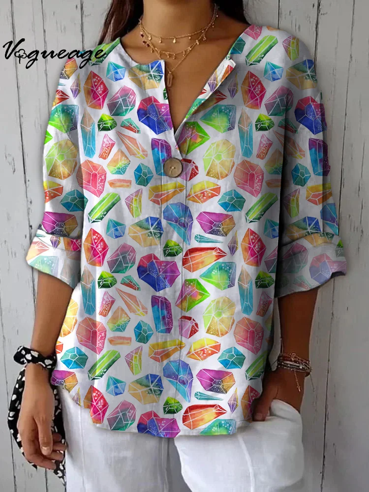 Magnificent And Noble Colored Diamonds Printed Cotton And Linen Shirt