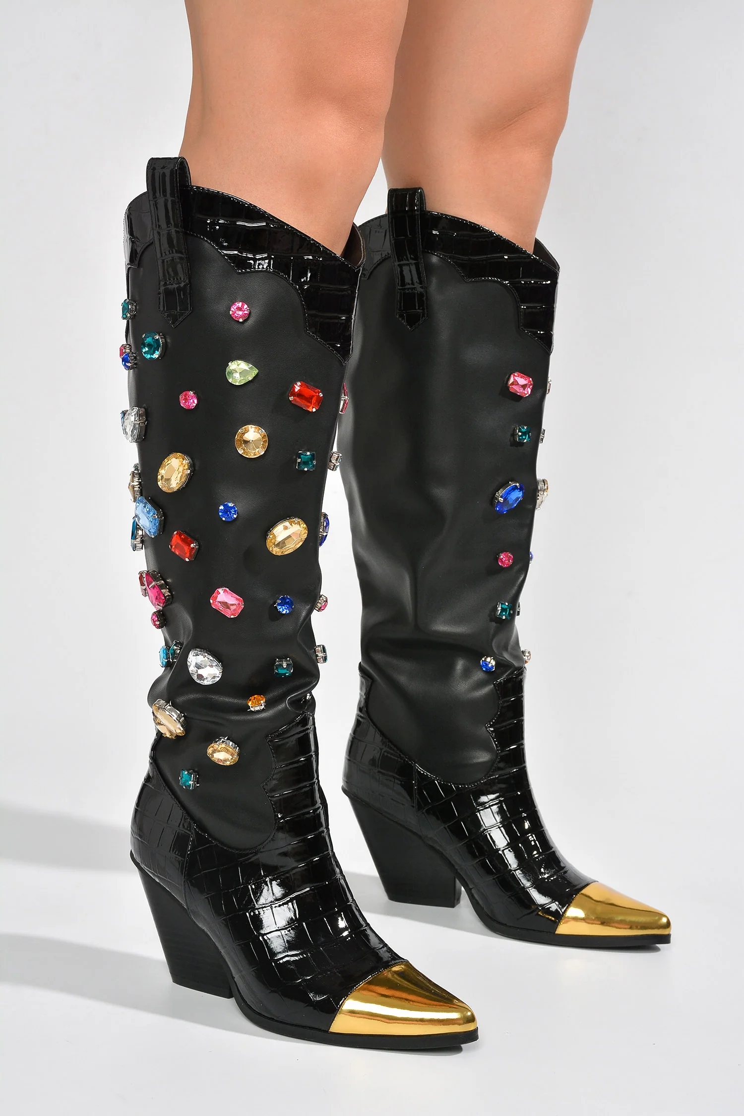 Boot Studded Pointy Toe Block West Chunky Cowboy Knee High Boots Crystal