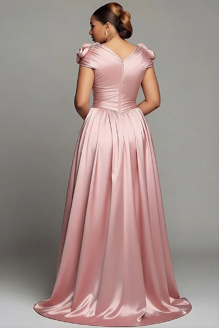 Xpluswear Design Plus Size Formal Pink Boat Neck Cap Sleeve Short Sleeve 3D  Drilling Satin Maxi Dresses [Pre-Order] - Xpluswear.com