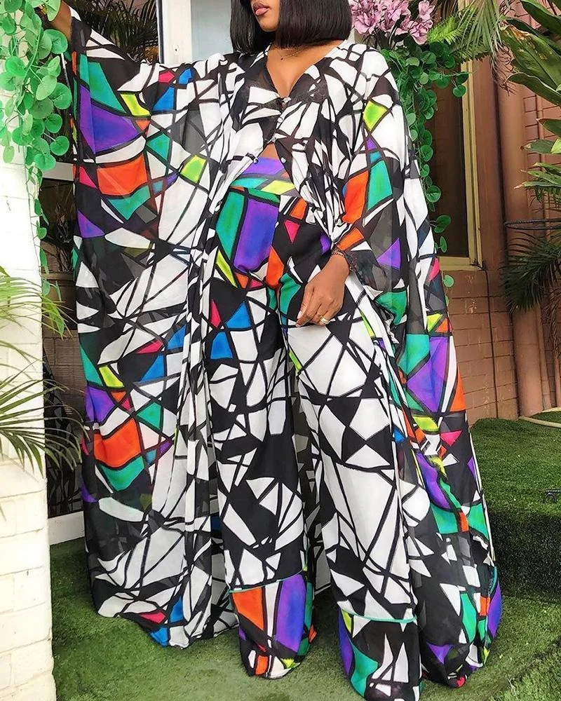 Two-piece set of printed burqa + loose trousers