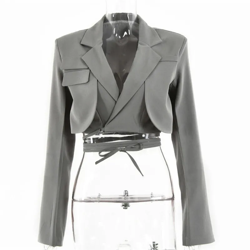 Articat Gray Double Layer Bandage Slim Blazer Women Long Sleeve Pocket Short Jacket Female Notched Collar Outwear Tops 2021 New