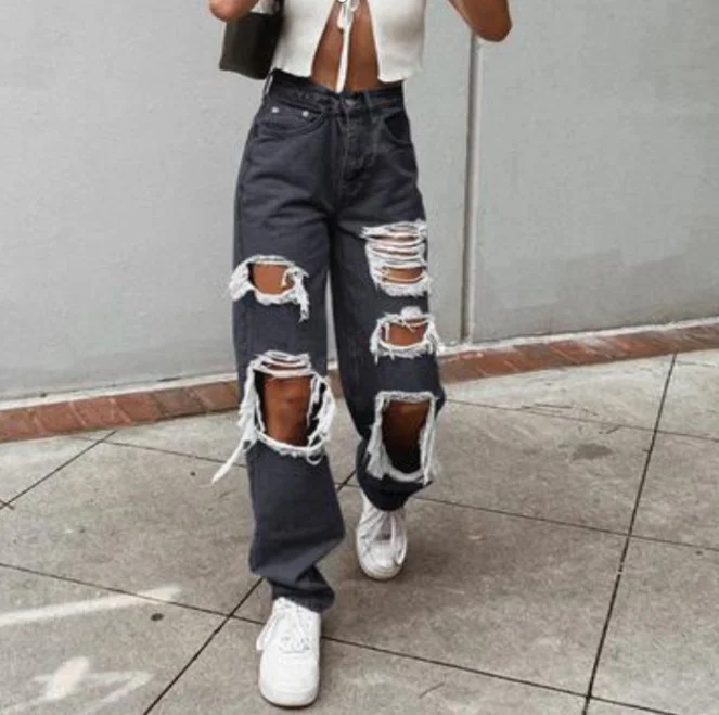 Toloer Broken Hole Wide Legs Thin Jeans Woman-Outfit Ideas