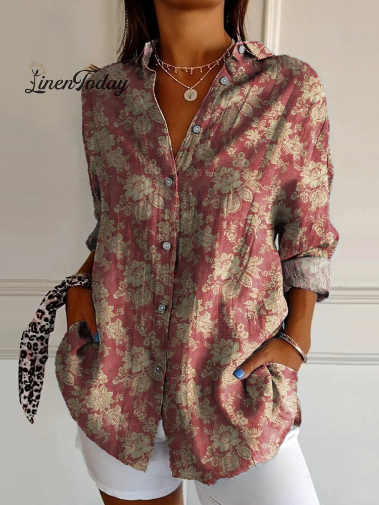 Vintage Style Floral Pattern Printed Women’s Casual Cotton Shirt Multicolor / S