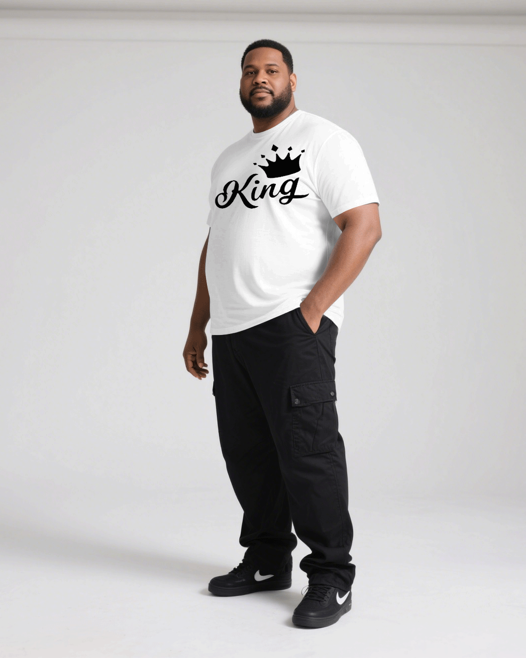 Big & Tall Men's White & Black KING Printed Men's And Women's Crewneck Short-sleeved T-shirts & Overalls Pants Couple's Suit