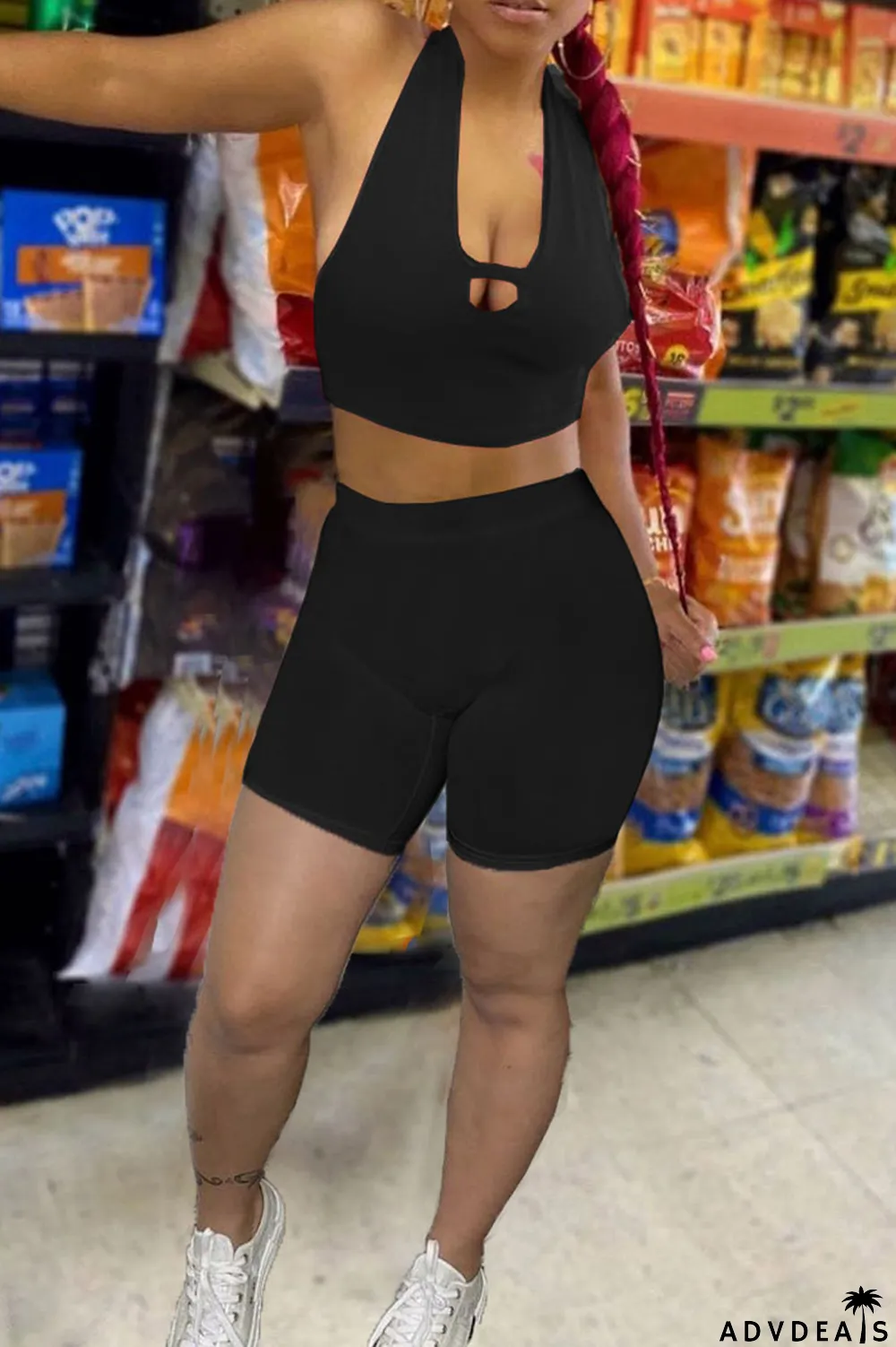 Black Sexy Solid Patchwork V Neck Sleeveless Two Pieces