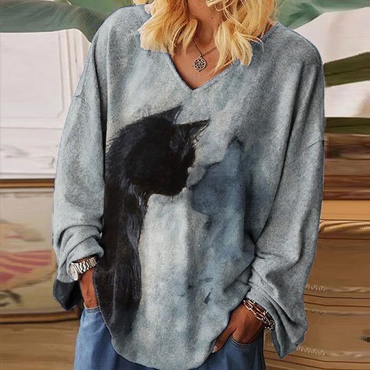Watercolor Cat Print Loose T-Shirt