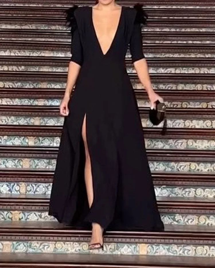 Fashion Sexy V-Neck Long Sleeve Solid Color Dress