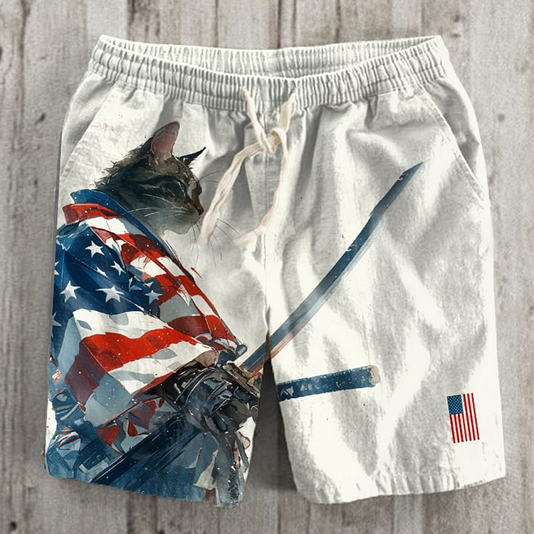 Retro Japanese Patriotic Cat Warrior Ink Painting Art Print Casual Shorts