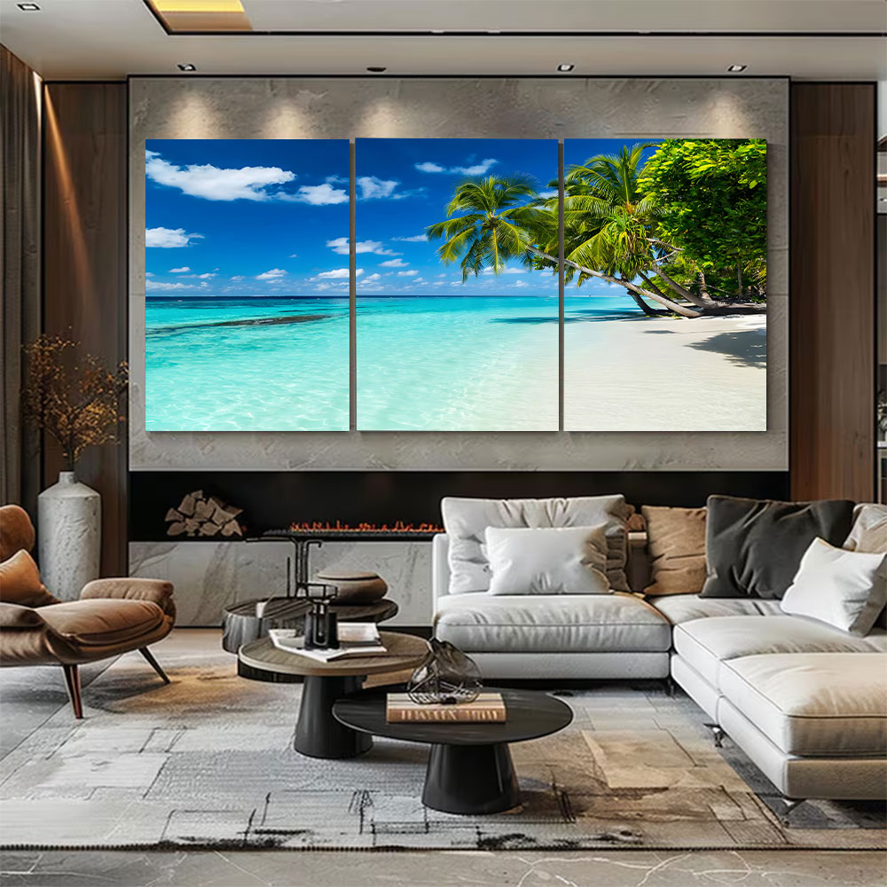 3-Piece Set Tropical Turquoise Water and Palms Beach Canvas Art