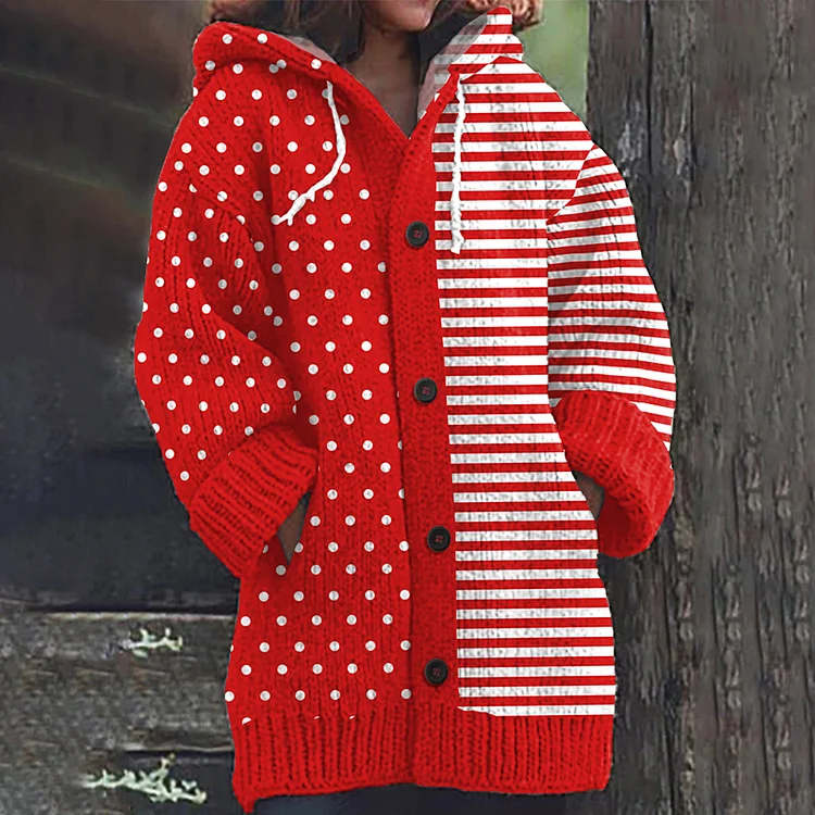 VChics KÖLner Karneval Polka Dot Striped Casual Hooded Knitted Sweater Cardigan