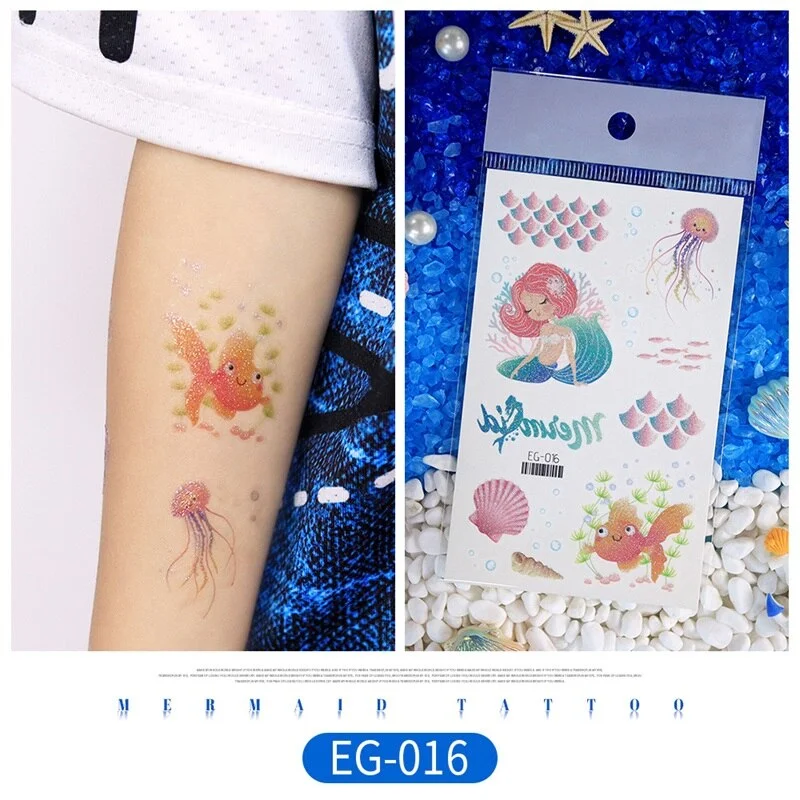 12 kinds Glitter Powder Temporary Tattoo Cartoon Mermaid Ocean Stickers tatouage temporaire Disposable Party Makeup