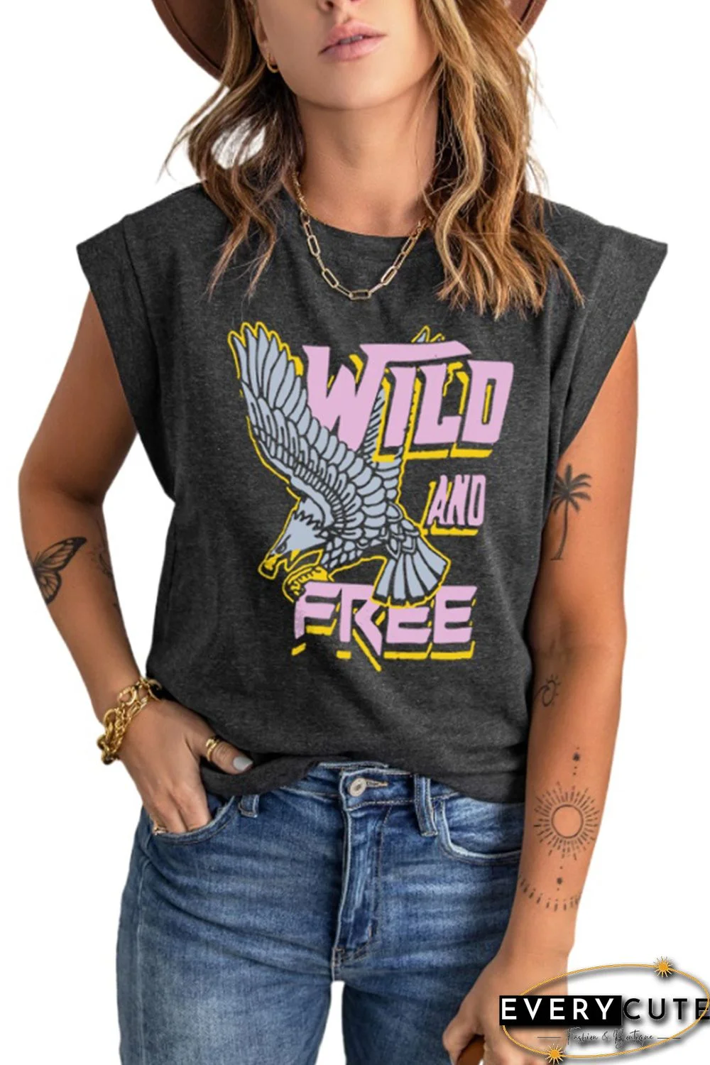 Gray WILD AND FREE Eagle Print Graphic Tee