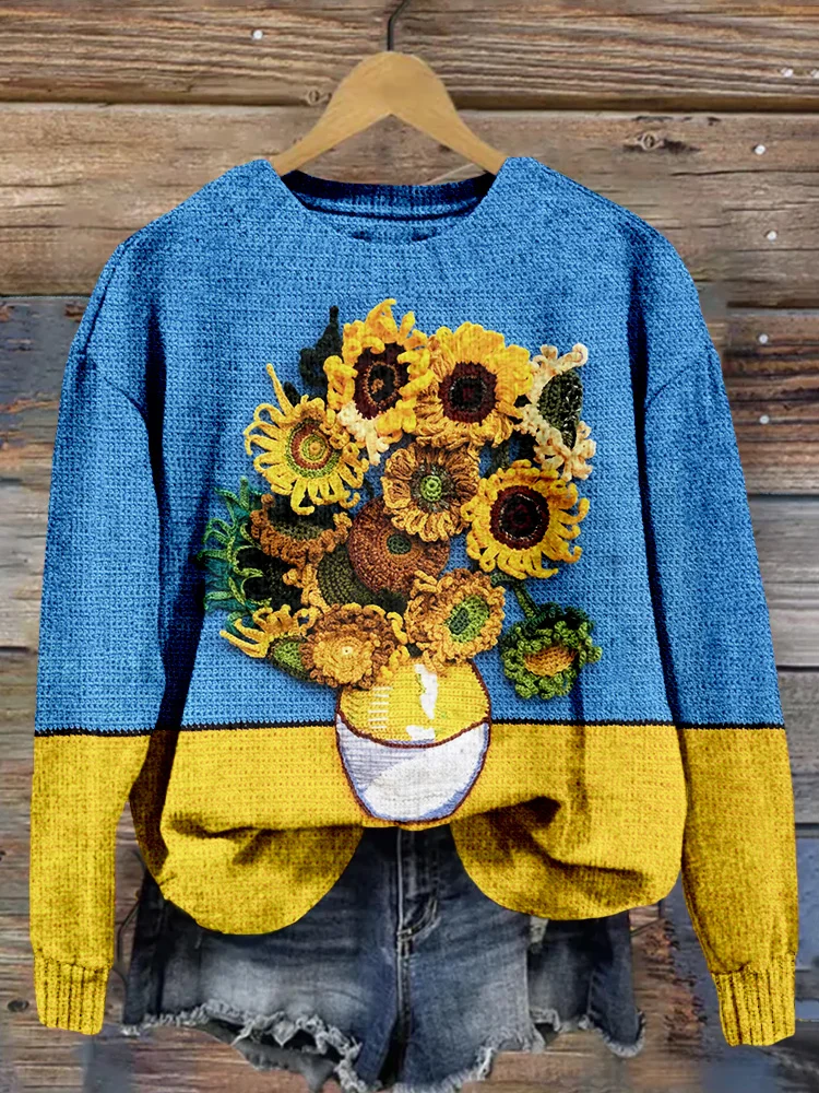 Classy  Sunflowers Knit Art Crew Neck Comfy Sweater