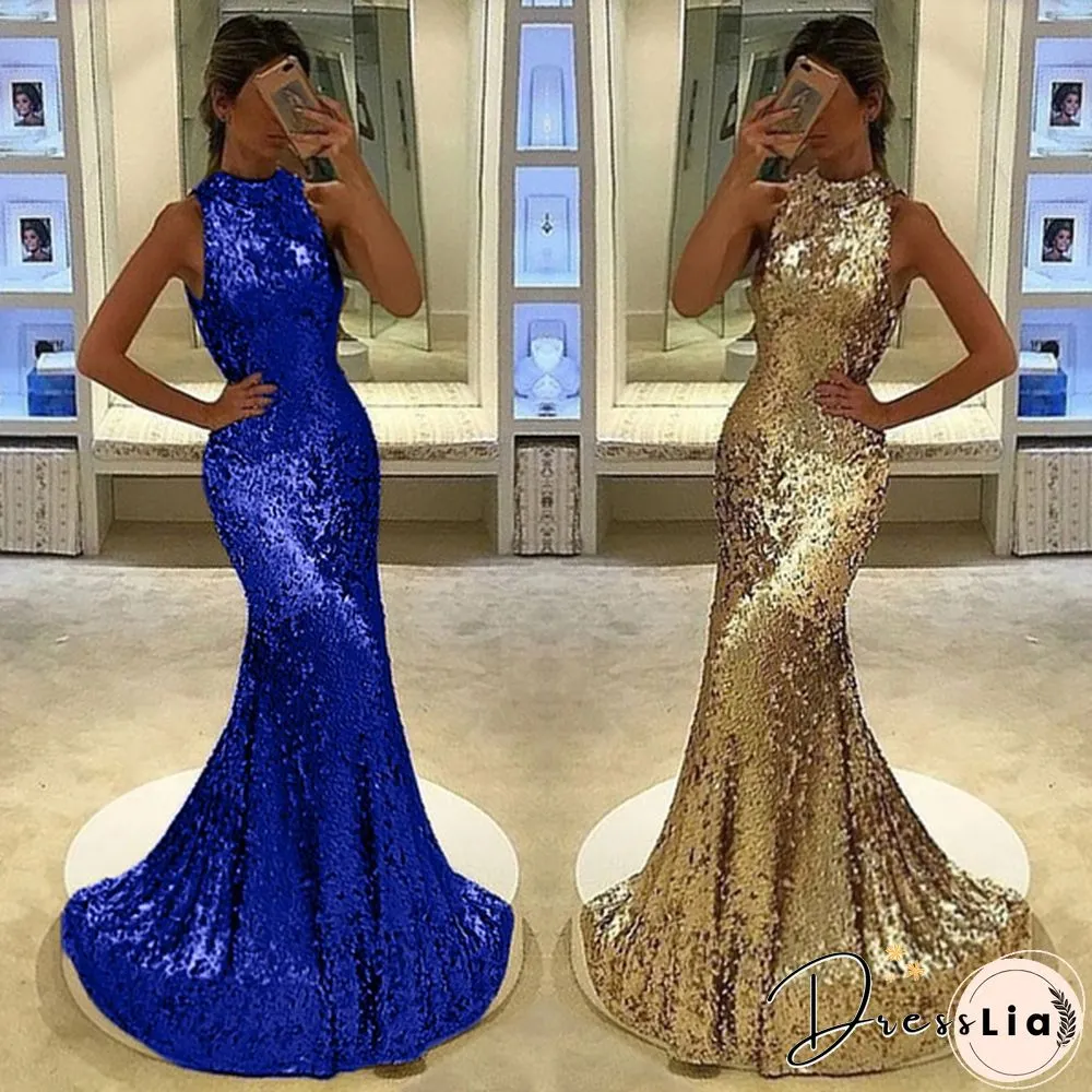 Womens Sleeveless Neck Sequin Party Prom Dress Shinny Slim Fit Fishtail Maxi Elegant