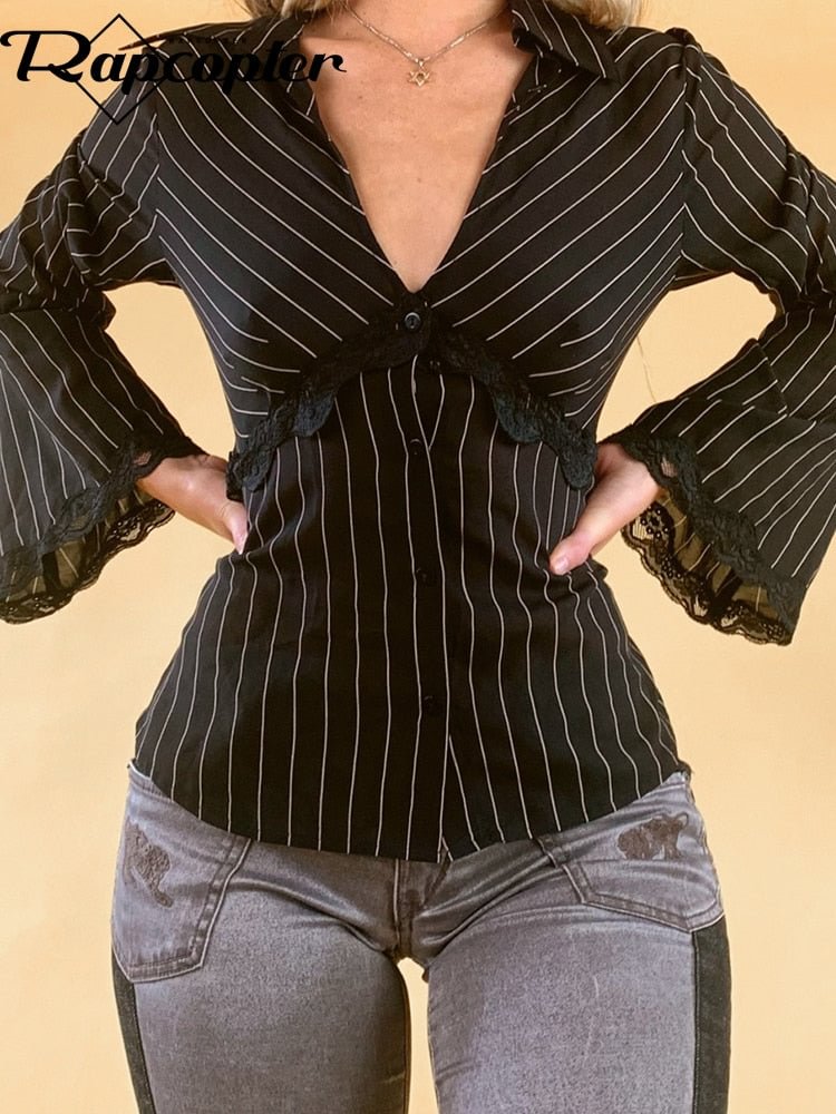 Rapcopter Lace Striped T Shirt V Neck Button Elegant Crop Top Vintage Skinny Flare Sleeve Cardigans Women Grunge Korean Tee Fall