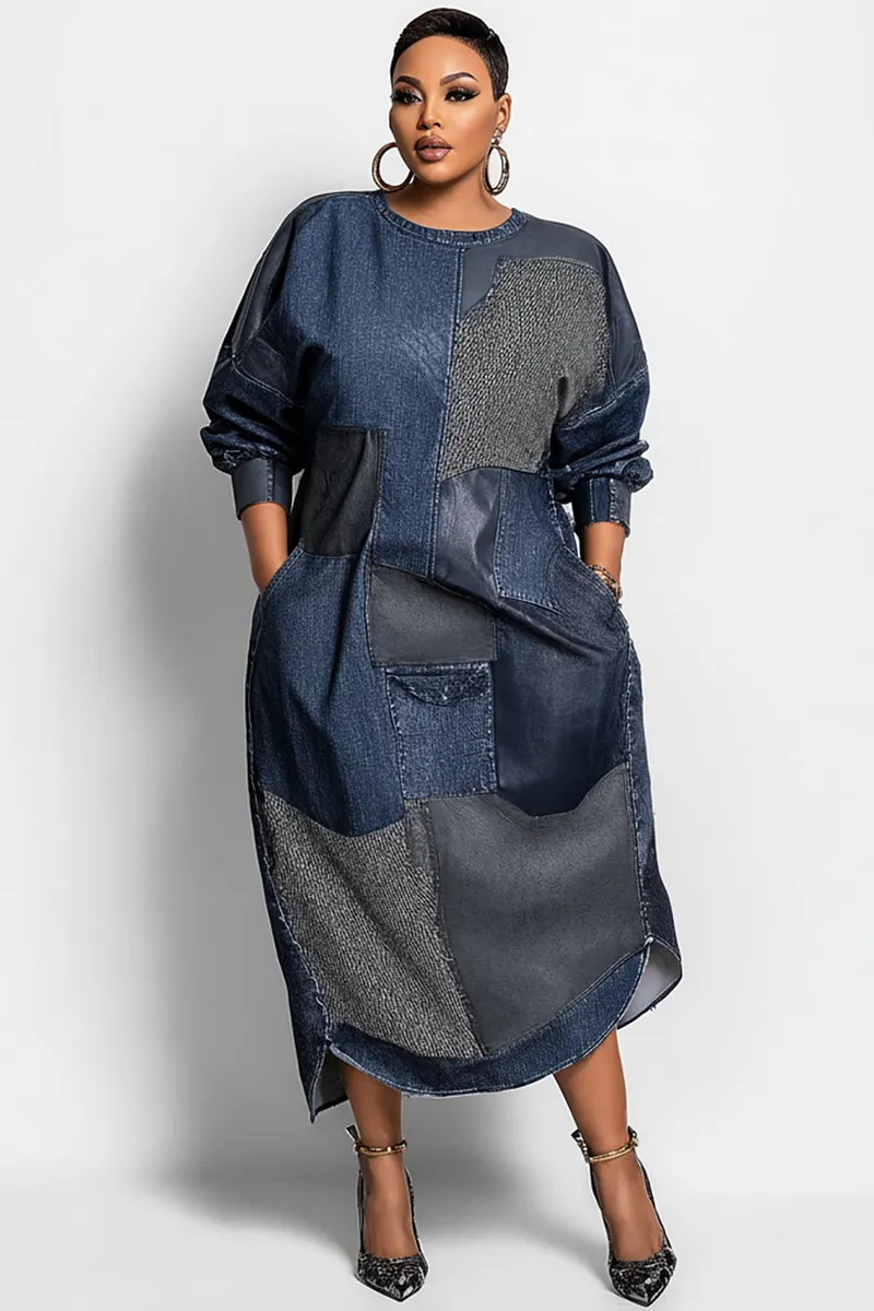 shein denim maxi dress SHEIN Unity Women's Royal Blue Elegant Long Sleeve Imitation Denim Dress, Autumn Button Lapel Cinched Waist Waist Long Dress For Work, Fashionable Solid Business Dress
