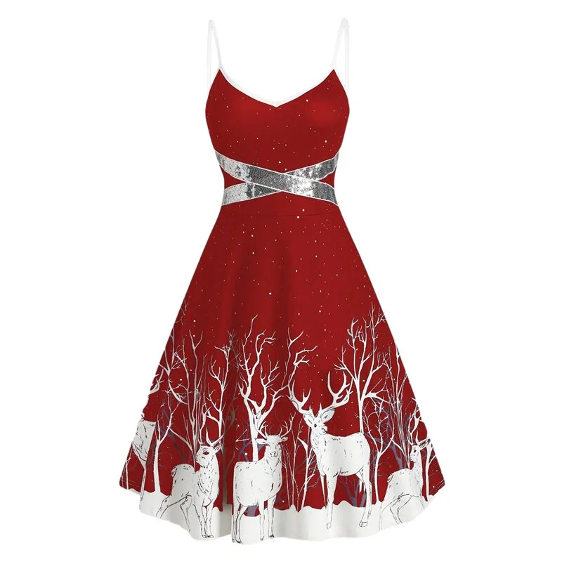 Elk Print Women Dress  N Neck Spaghetti Strap Backless Ladies Dress  Summer Sleeveless Ankle Length Female Dress