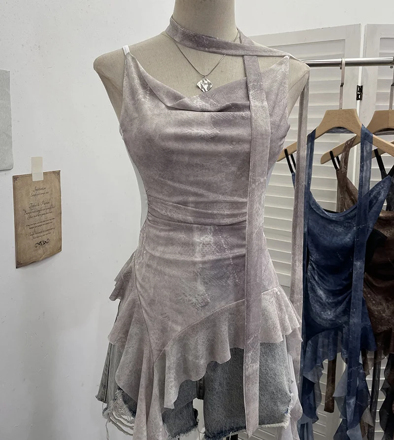 Uveng Vietnamese Niche Hot Girls Unristered Ribbon Vest Repair Hanging Neck Short Sling 8017