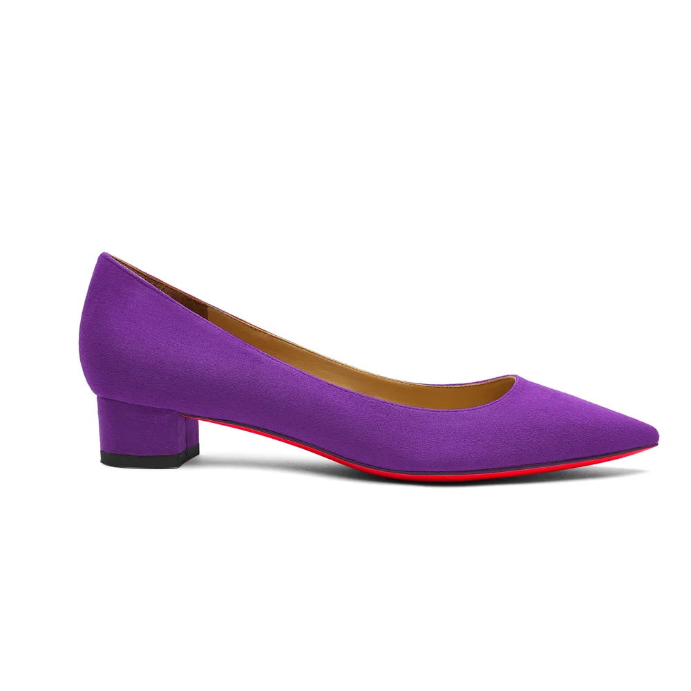 30mm Chunky Heels Pointed Toe Red Bottom Kitten Daily Suede Pumps Low Heels for Women-MERUMOTE