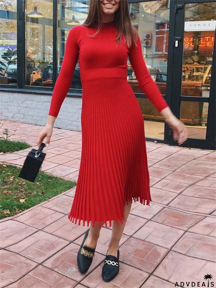 European American Female Autumn Winter Mid-length sweater Dress