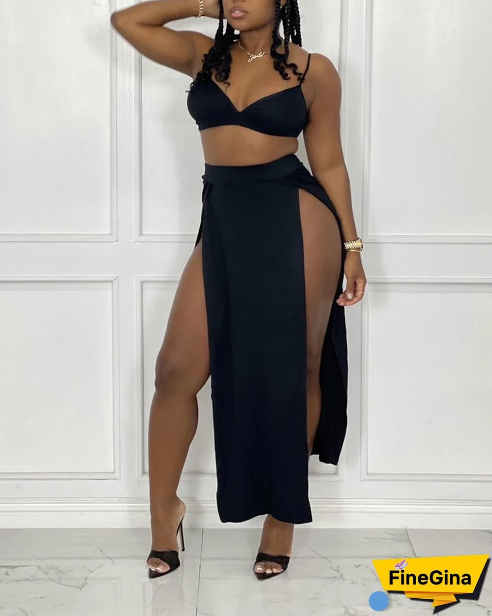 Solid Color Cami Top & Split Thigh Skirt Set