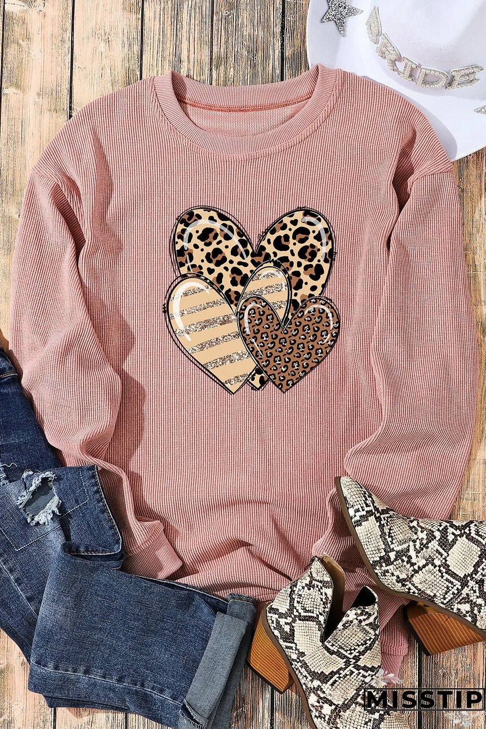 Pink Leopard Heart Shape Corded Loose Fit Sweatshirt