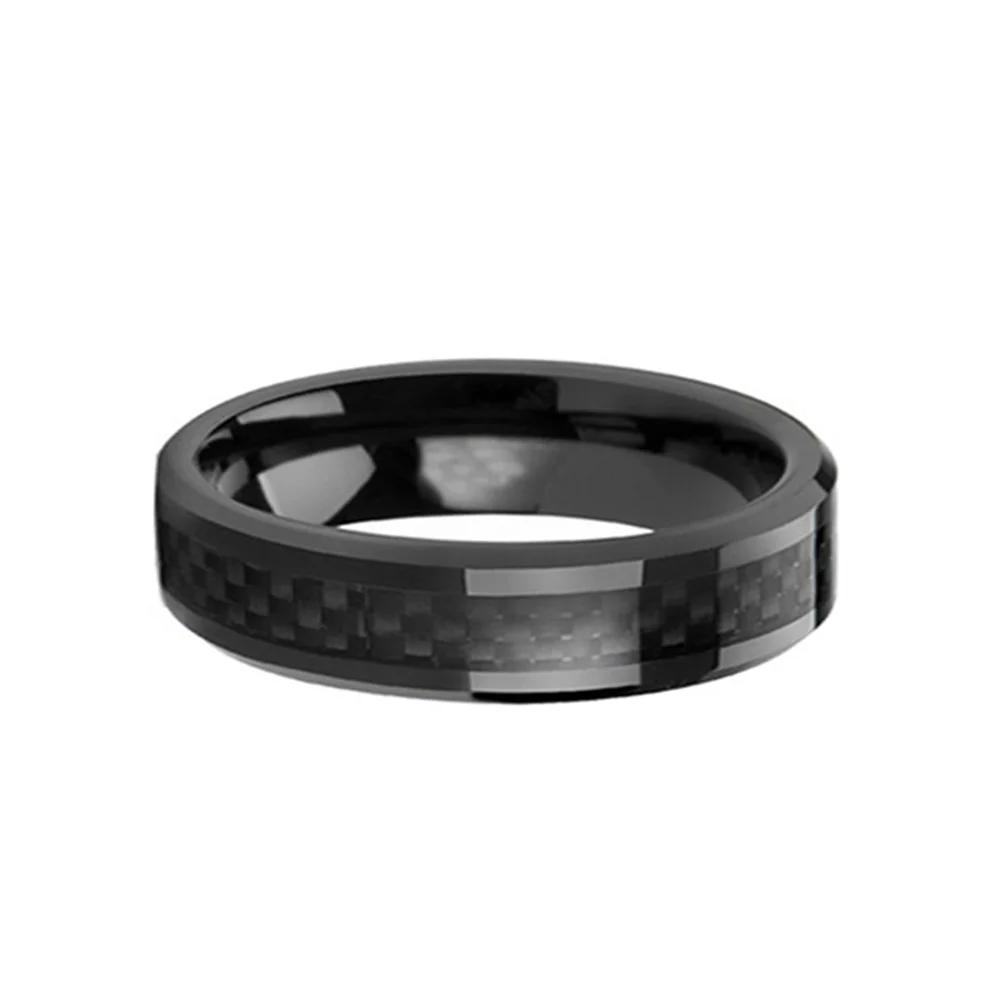 6MM Men Black Tungsten Carbide Rings Carbon Fiber Inlay Polished Beveled Edge Wedding Band