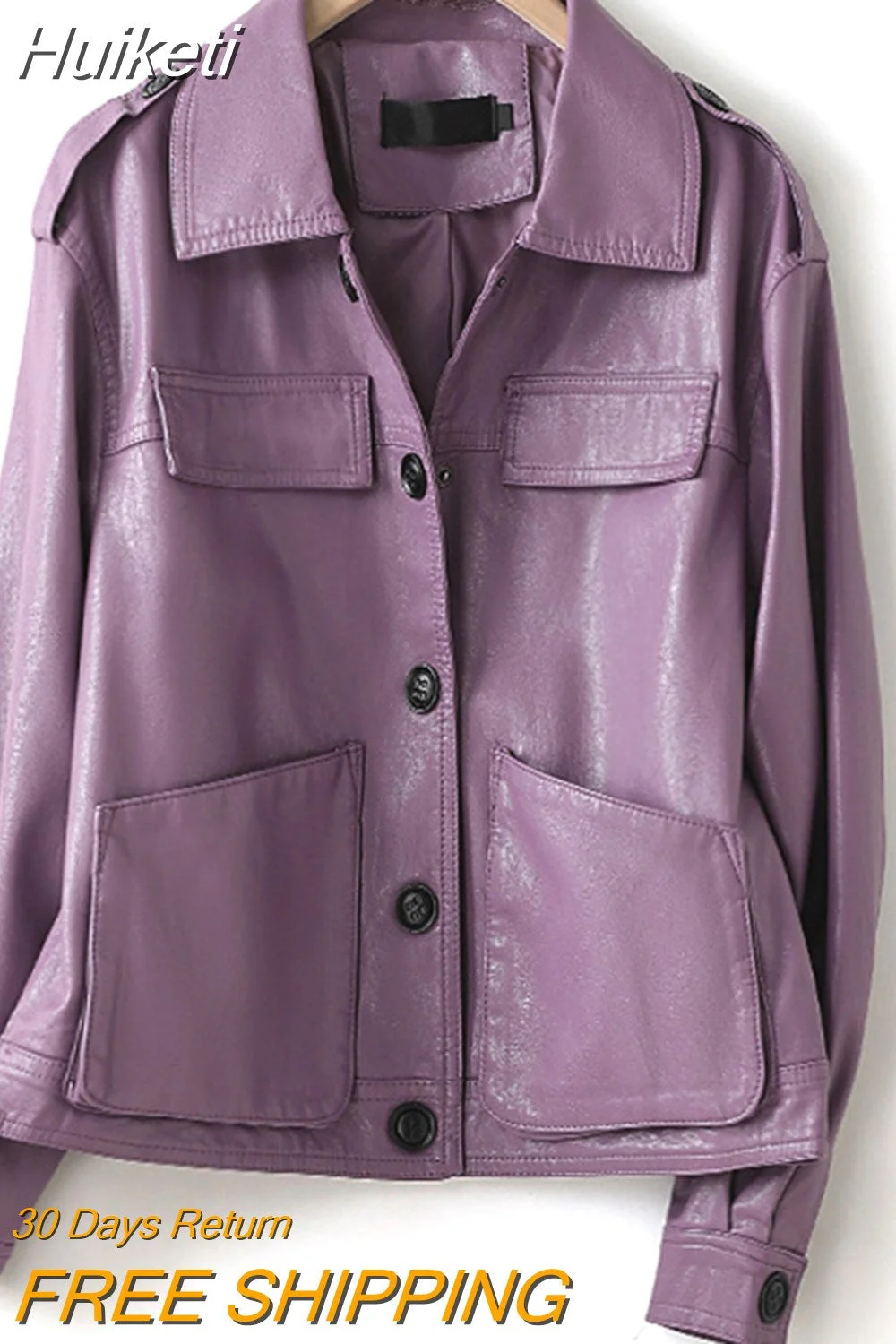 Huiketi Autumn Purple Faux Leather Jackets for Women Drop Shoulder Long Sleeve Pockets Buttons Black Casual Korean Fashion 2023
