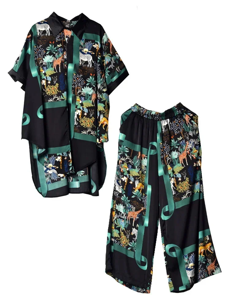 Nncharge Print Fashion Two Piece Set Women Personality Appear Thin 2024 Summer New Arrival Turn-down Collar Two Piece Set WLD11384