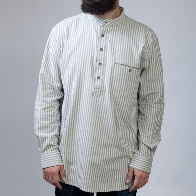 Men's Green Striped Stand Collar Cotton Shirt