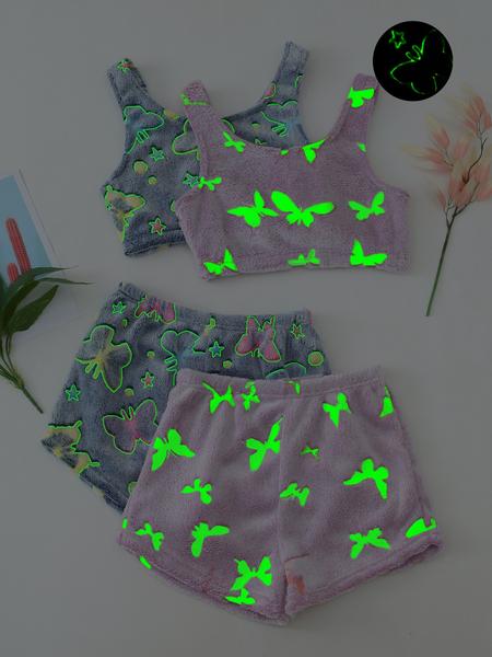 4 Counts/2 Set Women's Halloween Print Glow in The Dark Crop Tank Top & Elastic Waist Shorts Fluffy Pajamas, Casual Comfortable Loungewear for Women, Comfy Loungewear for Women, Women's Sleepwear for Fall, Fluffy Pajamas