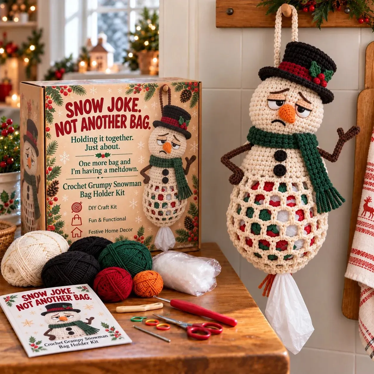 Snowman Christmas crochet bag holder kit and finished character