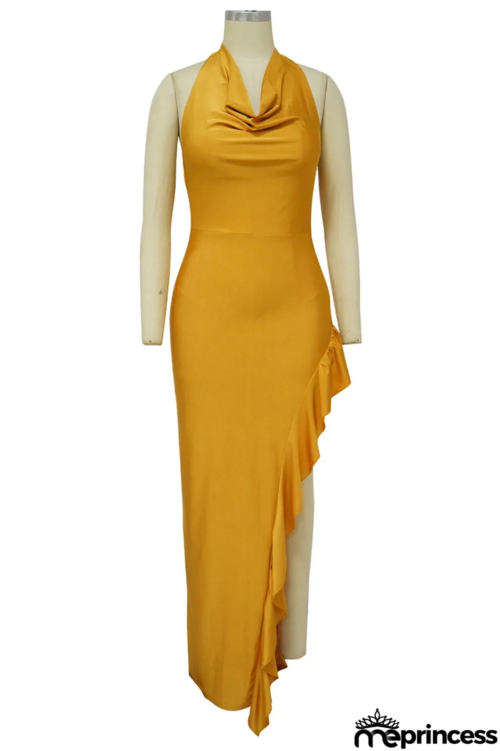 Colorful Blue Sexy Solid Patchwork Flounce Asymmetrical V Neck Evening Dress Dresses