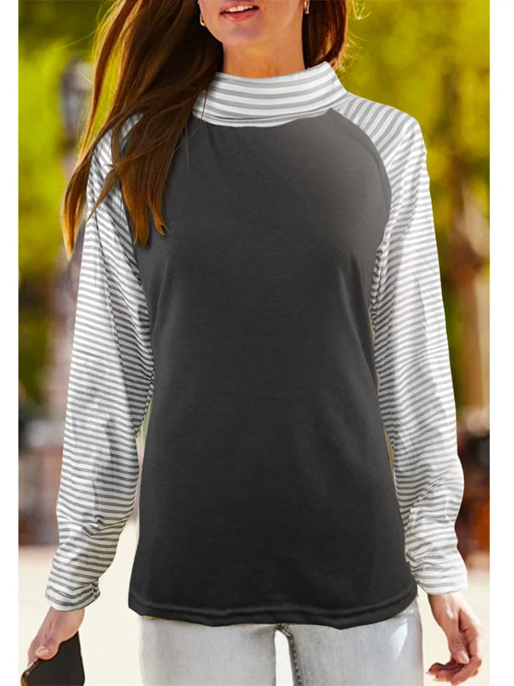 Women Long Sleeve Turtle Neck Striped Stitching Tops