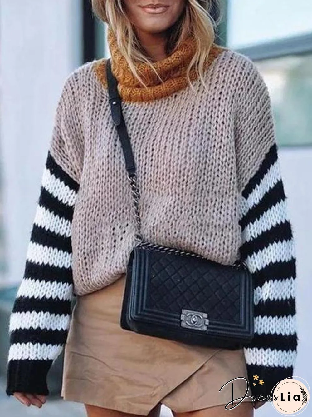 Turtleneck Striped Sleeve Print Sweater