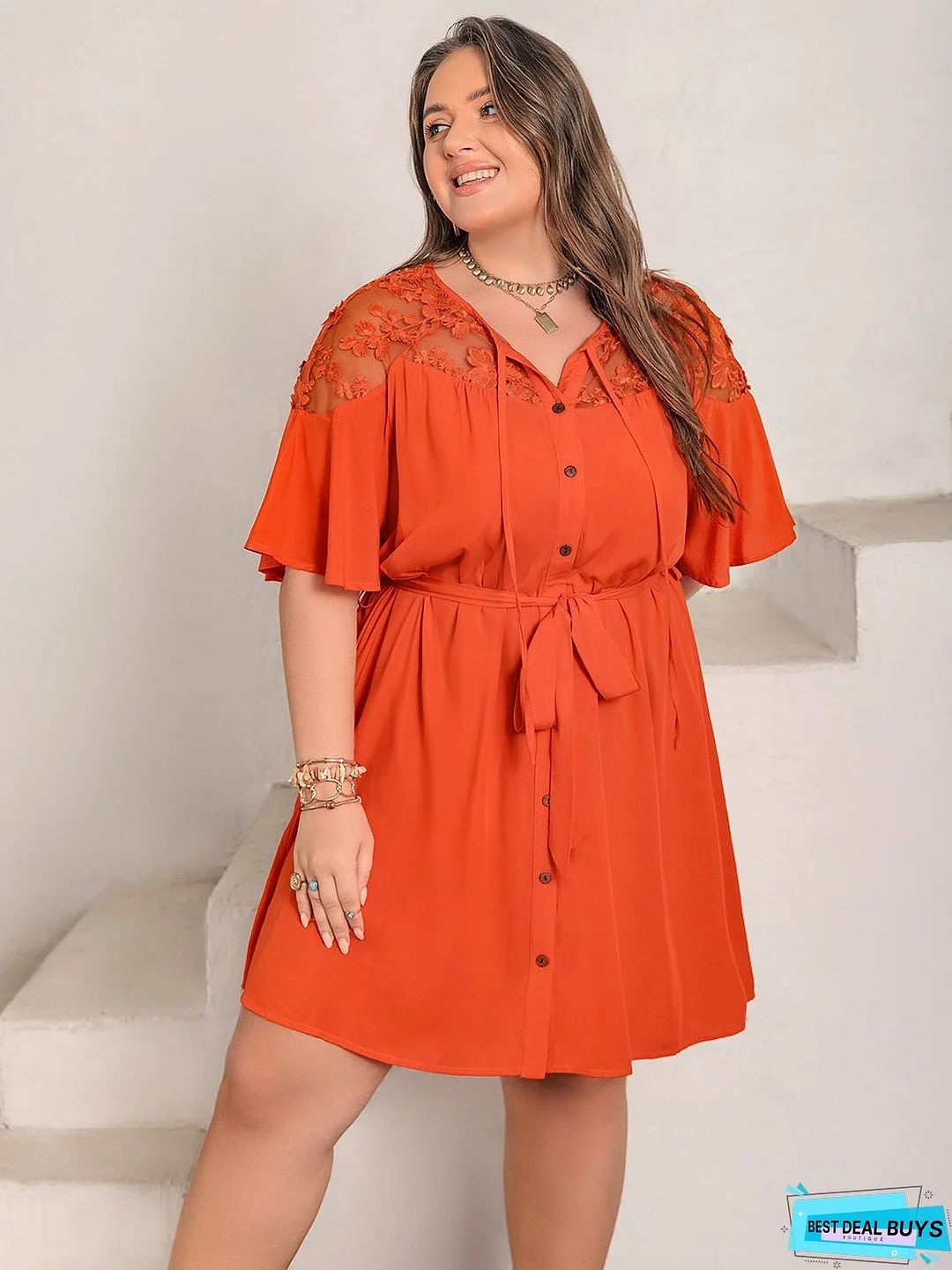Plus Size Lace Button Up Half Sleeve Dress