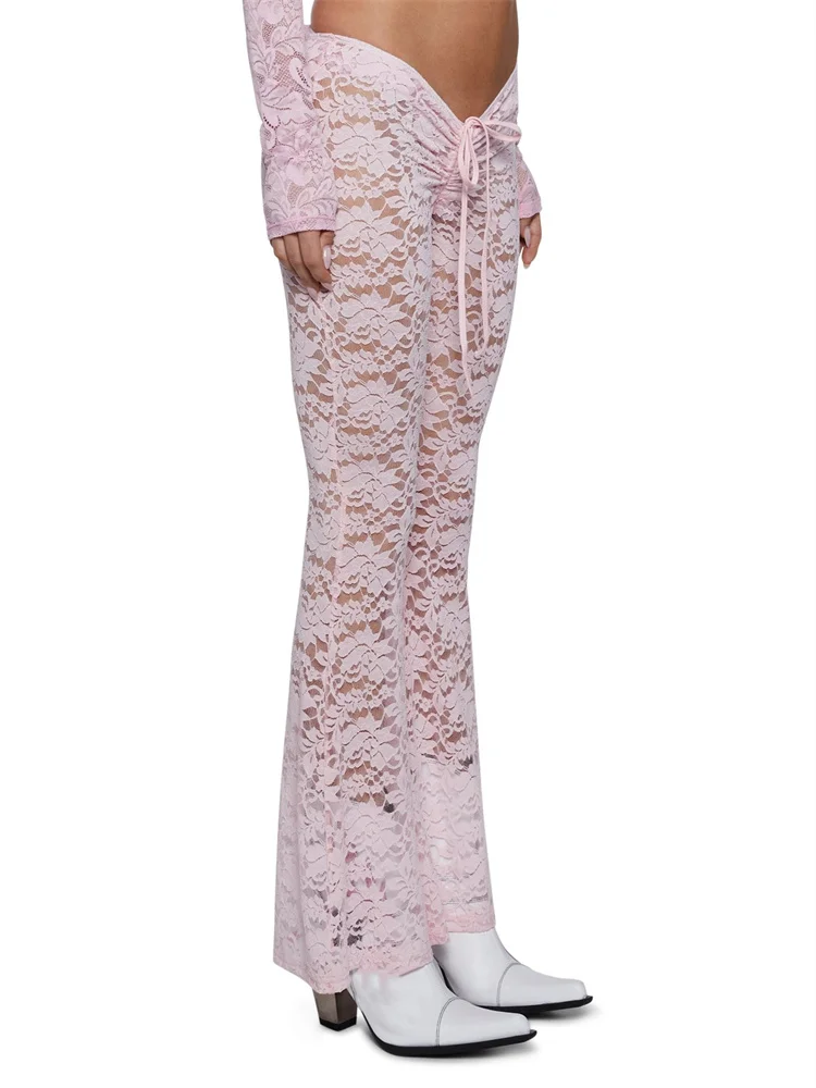 Brownm Women Lace Pants Low Waist Drawstring Mesh See-through Slim Fit Flare Pants Long Trousers Summer Party Clubwear 2024